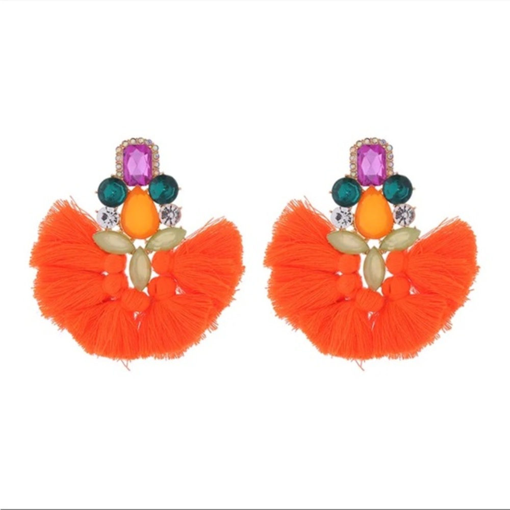 NEW Boho Babe Orange Fringe Statement Earrings Rhinestone Silver Tone